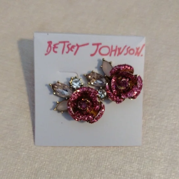 Betsey Johnson Glittering Pink Rose Earrings - Picture 1 of 2